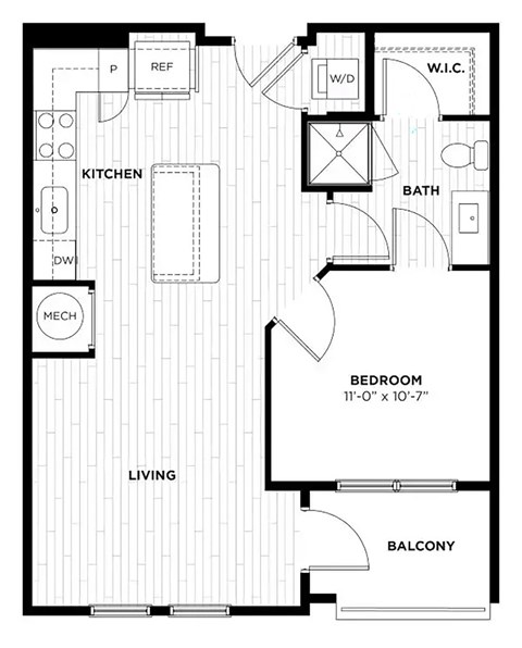 Floor plan for 1 bed, 1 bath, 657 sqft
